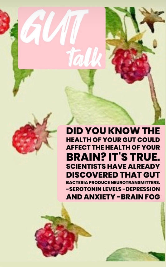 Infographic with raspberries and a message about gut health affecting brain health, serotonin, anxiety, and brain fog.